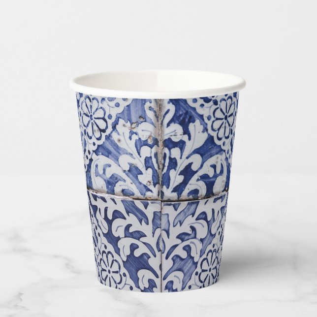 Portuguese Tiles - Azulejo Blue and White Floral  Paper Cups (Left)