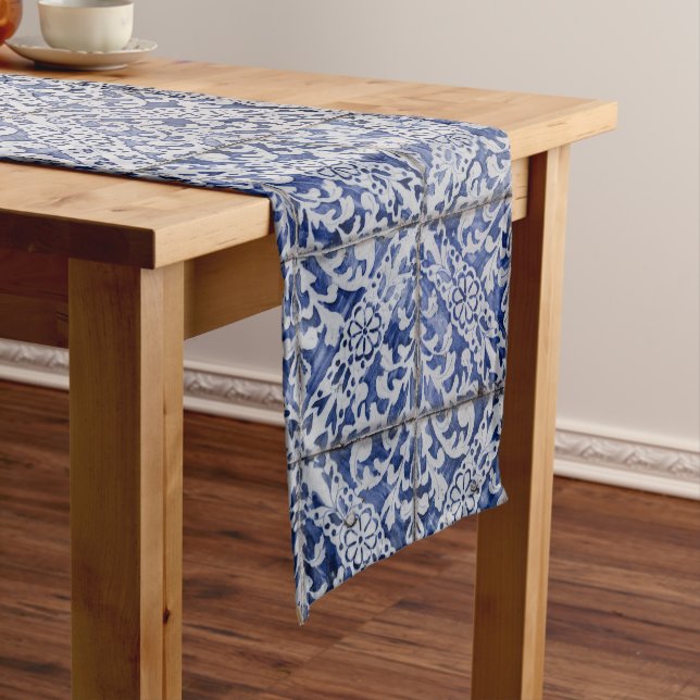 Portuguese Tiles - Azulejo Blue and White Floral Short Table Runner (In Situ)