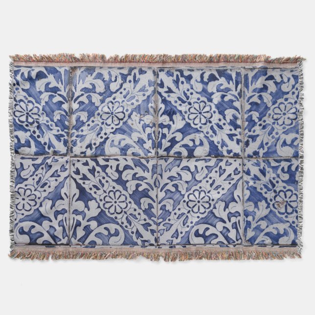 Portuguese Tiles - Azulejo Blue and White Floral Throw Blanket (Front)
