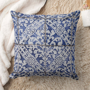 Portuguese Tiles - Azulejo Blue and White Floral Throw Pillow