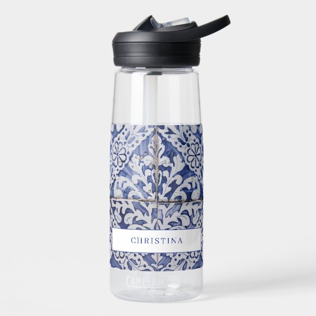 Portuguese Tiles - Azulejo Blue and White Floral Water Bottle (Left)