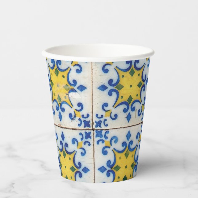 Portuguese Tiles - Azulejo Blue and Yellow Pattern Paper Cups (Front)