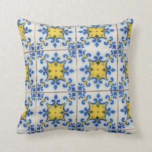 Portuguese Tiles - Azulejo Blue and Yellow Pattern Throw Pillow