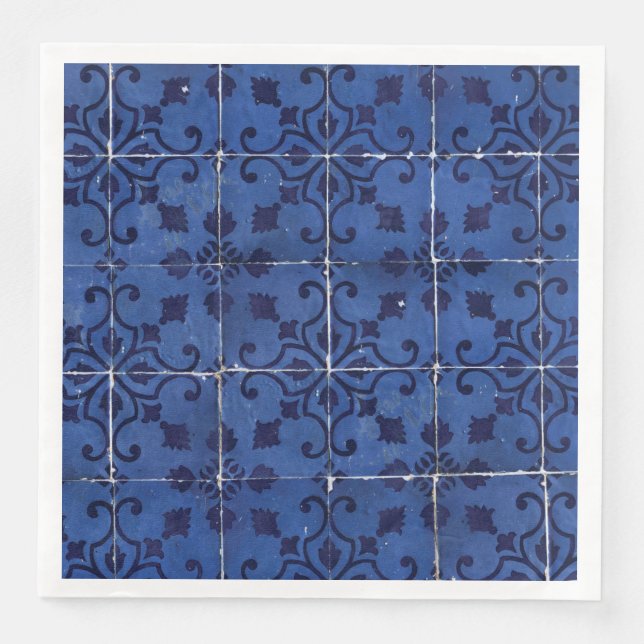 Portuguese Tiles - Azulejo Blue Floral Leaf Design Napkin (Front)