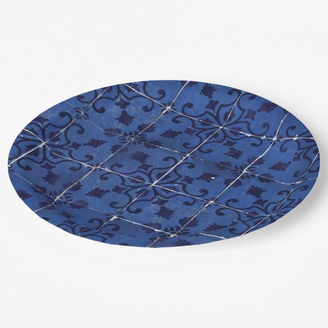 Portuguese Tiles - Azulejo Blue Floral Leaf Design Paper Plate (Angled)