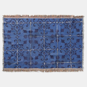 Portuguese Tiles - Azulejo Blue Floral Leaf Design Throw Blanket