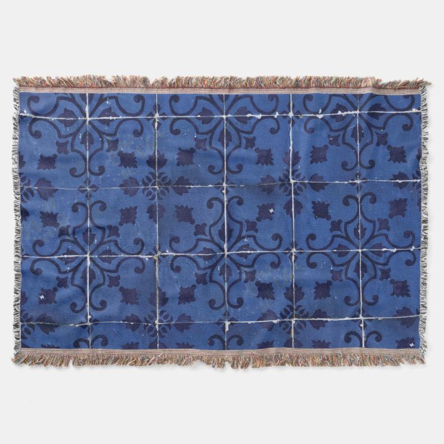 Portuguese Tiles - Azulejo Blue Floral Leaf Design Throw Blanket (Front)