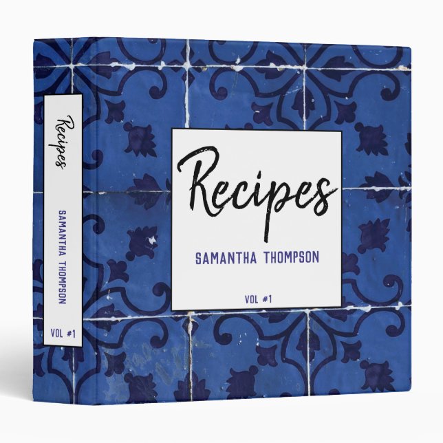 Portuguese Tiles - Azulejo Blue Floral Recipes Binder (Front/Spine)
