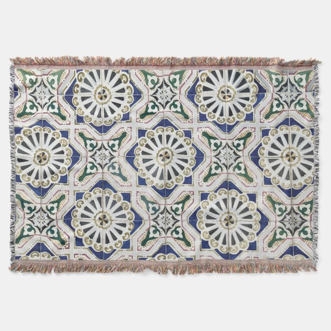 Portuguese Tiles - Azulejo Colourful Geometric Throw Blanket (Front)