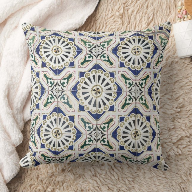 Portuguese Tiles - Azulejo Colourful Geometric Throw Pillow (Blanket)