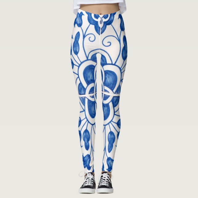 Portuguese tiles Azulejo Pattern Yoga Pants Blue (Front)