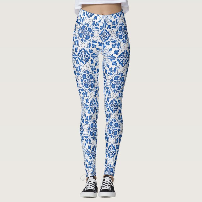 Portuguese tiles Azulejo Pattern Yoga Pants Blue (Front)