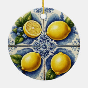Portuguese Tiles Azulejos Lemons Vintage Blue Ceramic Ornament