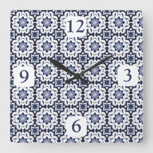 Portuguese Tiles Azulejos Vintage Blue And White Square Wall Clock