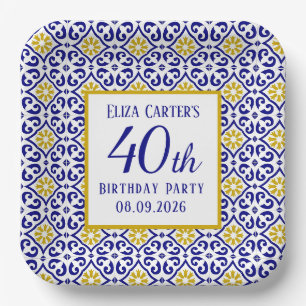 Portuguese Tiles Blue 40th Birthday Mediterranean  Paper Plate