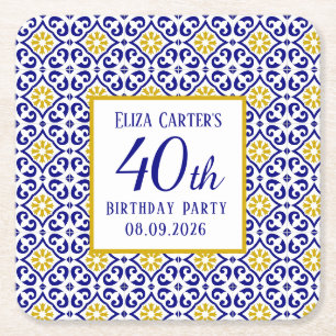 Portuguese Tiles Blue 40th Birthday Mediterranean  Square Paper Coaster