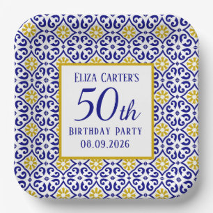 Portuguese Tiles Blue 50th Birthday Mediterranean Paper Plate