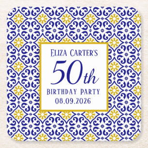 Portuguese Tiles Blue 50th Birthday Mediterranean Square Paper Coaster
