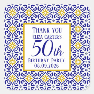 Portuguese Tiles Blue 50th Birthday Mediterranean Square Sticker