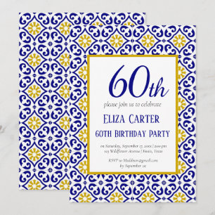 Portuguese Tiles Blue 60th Birthday Mediterranean Invitation