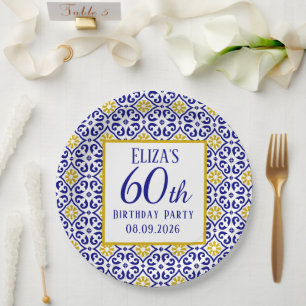 Portuguese Tiles Blue 60th Birthday Mediterranean  Paper Plate