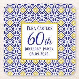 Portuguese Tiles Blue 60th Birthday Mediterranean  Square Paper Coaster