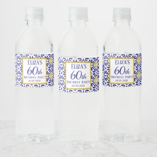 Portuguese Tiles Blue 60th Birthday Mediterranean  Water Bottle Label