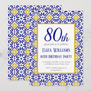 Portuguese Tiles Blue 80th Birthday Mediterranean Invitation