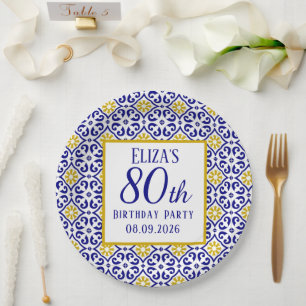 Portuguese Tiles Blue 80th Birthday Mediterranean  Paper Plate