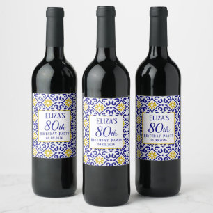 Portuguese Tiles Blue 80th Birthday Mediterranean Wine Label