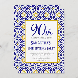 Portuguese Tiles Blue 90th Birthday Mediterranean  Invitation