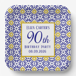 Portuguese Tiles Blue 90th Birthday Mediterranean  Paper Plate