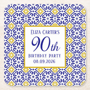 Portuguese Tiles Blue 90th Birthday Mediterranean Square Paper Coaster