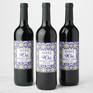 Portuguese Tiles Blue 90th Birthday Mediterranean  Wine Label