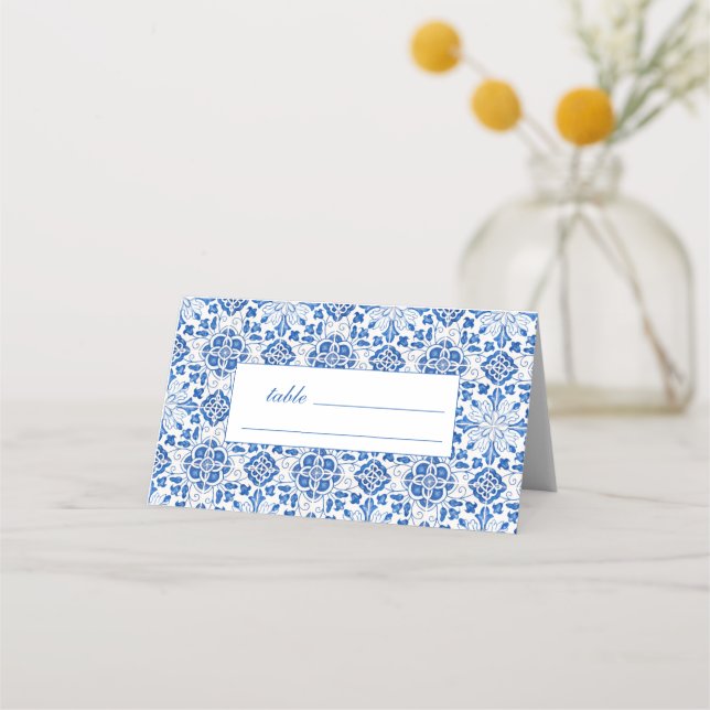 Portuguese Tiles Blue Floral Wedding Place Card (Front)