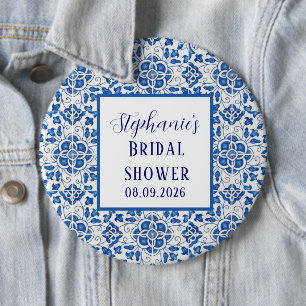 Portuguese Tiles Blue Mediterranean Bridal shower 6 Inch Round Button