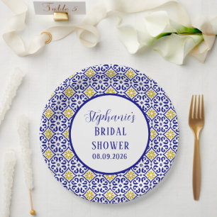 Portuguese Tiles Blue Mediterranean Bridal shower Paper Plate