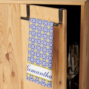 Portuguese Tiles Blue Mediterranean Floral Kitchen Towel