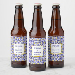 Portuguese Tiles Blue Mediterranean Wedding Beer Bottle Label