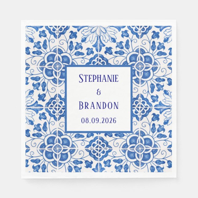 Portuguese Tiles Blue Mediterranean Wedding Napkin (Front)