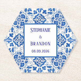 Portuguese Tiles Blue Mediterranean Wedding Paper Coaster