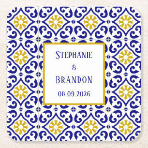 Portuguese Tiles Blue Mediterranean Wedding Square Paper Coaster