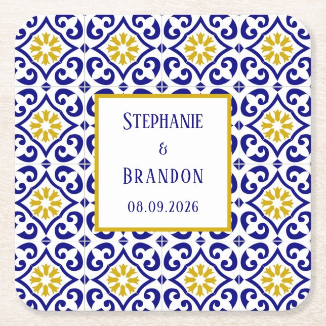 Portuguese Tiles Blue Mediterranean Wedding Square Paper Coaster (Front)