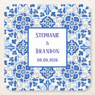 Portuguese Tiles Blue Mediterranean Wedding Square Paper Coaster