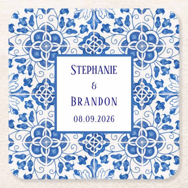 Portuguese Tiles Blue Mediterranean Wedding Square Paper Coaster (Front)