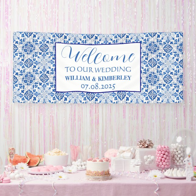Portuguese Tiles Blue Rustic Elegant Wedding Banner (Party)
