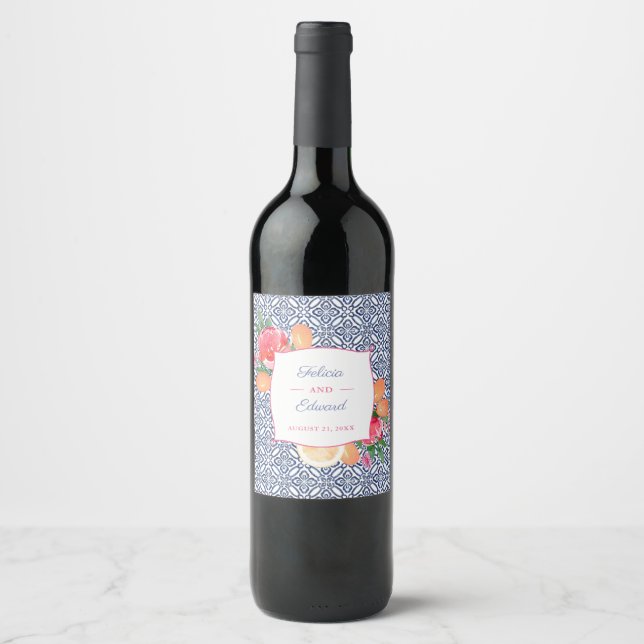 Portuguese Tiles Colourful Fruit Flowers Wedding Wine Label (Front)