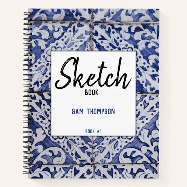 Portuguese Tiles - Floral Recipe Blank Sketch Notebook (Front)