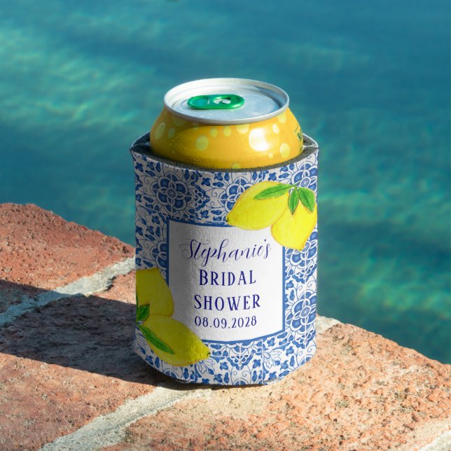 Portuguese Tiles Lemon Mediterranean Bridal shower Can Cooler (In Situ Pool)