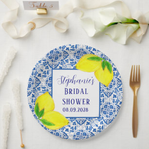 Portuguese Tiles Lemon Mediterranean Bridal shower Paper Plate